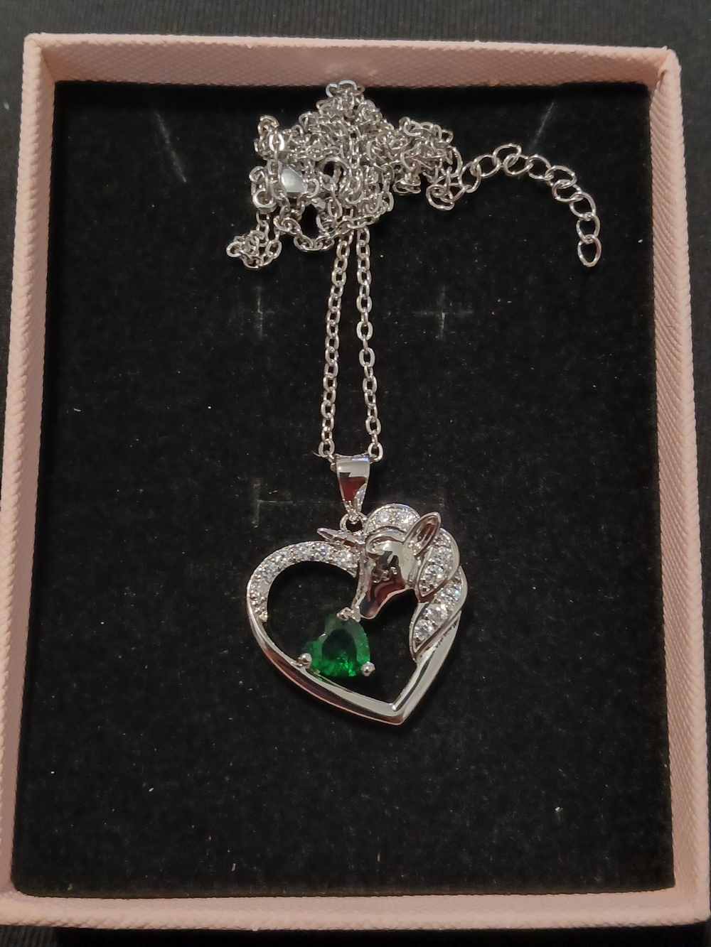 Silver Unicorn Heart Pendant Necklace with Green Gem - Women Jewelry